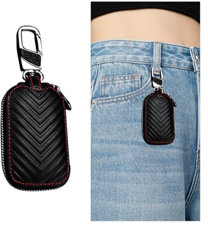 CGEAMDY Autoschlüssel Hülle, Autoschlüsselanhänger-Halter Smart Protector Cover, Leder Autoschlüssel Smart Keychain Halter Mit Reißverschluss Und Metallhaken(Schwarz)
