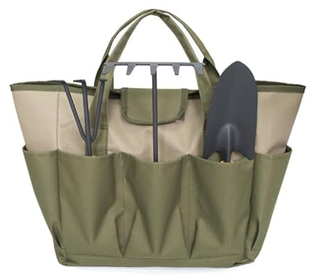 Qirc Garden Tools Holder Bag, Heavy Duty Gardening Organizer with 8 Pockets for Tools Garden Caddy Great Sturdy Canvas Tool Storage Set, Gardening Gifts for Men Women (Army Green + Khaki)
