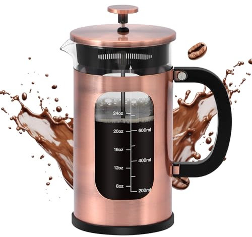 Panana 34 Ounce 1 Liter French Press Coffee Maker, Heat Resistant Borosilicate Glass Coffee Press, Cold Brew Coffee Pot Tea Press for Kitchen, Stainless Steel (Upgraded Stainless Steel Copper)