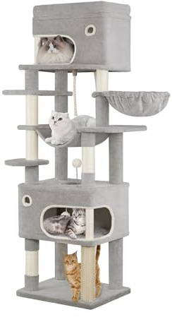 Hzuaneri 178 cm Cat Tree for Indoor Cats, Multi-layer Scratching Post with Large Platform, 2 Caves, 7 Sisal Posts, Pompoms, Cat Basket, Hammock, Suitable for Cats, Light Grey MS17818LG