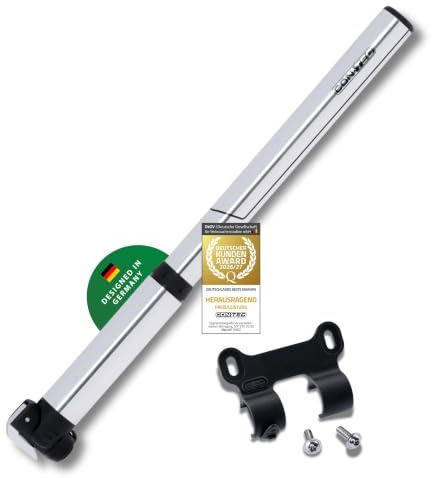 CONTEC Minipumpe Air Support Chrome II, 27cm, aus Aluminium, 8 bar/120 psi, für alle Ventile, inkl. Halterung, 1 Stück, Silber/schwarz