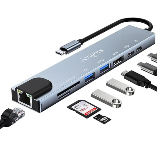 Hub USB C, Adattatore Usb C 8 in 1 con HDMI 4K, Ethernet RJ45, Lettore Schede SD/TF, PD 100W, USB 3.0, Usb 2.0, Compatibile per Computer/MacBook Pro Air/iPad/Surface/Samsung/Steam Deck