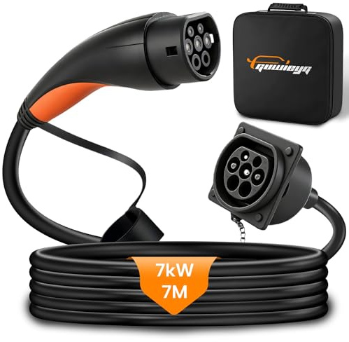 GUWIEYG Type 2 EV Extension Cable, 7kW, 7m, 32A, Extension Charging Cable for IEC62196 Electric Vehicle, Charger Extension Cord with Carry Bag