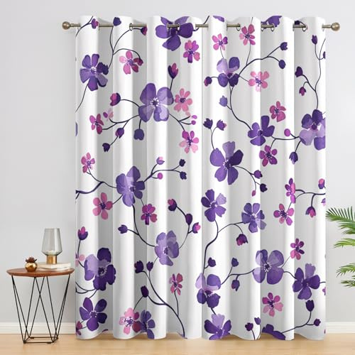 SZLYZM Vorhänge Lila Blumen, Verdunkelungsvorhang 2er Set - Vorhang Blickdicht Lila Blumen Muster, Thermovorhang für Deko Wohnzimmer Schlafzimmer, Gardinen mit Ösen 200x140 cm (HxB)