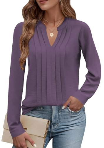 Cuptacc Camicia Donna Elegante Maniche Lunga Blusa Donna Maglietta con Scollo a V Pieghe Tunica Top