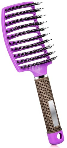 Haarbürste ohne Ziepen, Extensions Bürste mit Aufhängeloch Damen, Haarbürste Wildschweinborsten für trockenes/nasses/lockiges/glattes Haare, Lila
