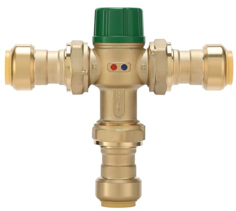 Watflow 3/4 Inch Brass Thermostatic Mixing Valve with Union Connections, Compatible with SharkBite Copper, CTS, CPVC, SDR-9 HDPE, and PEX Fittings