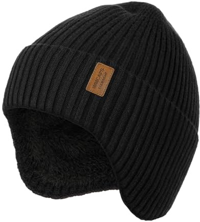 Wmcaps Winter Beanie with Earflap for Men Women, Thick Fleece Lined Soft Thermal Warm Unisex Knit Hat Woolly Hats for Outdoor Activity Gifts for Men Husband Dad Him, Black