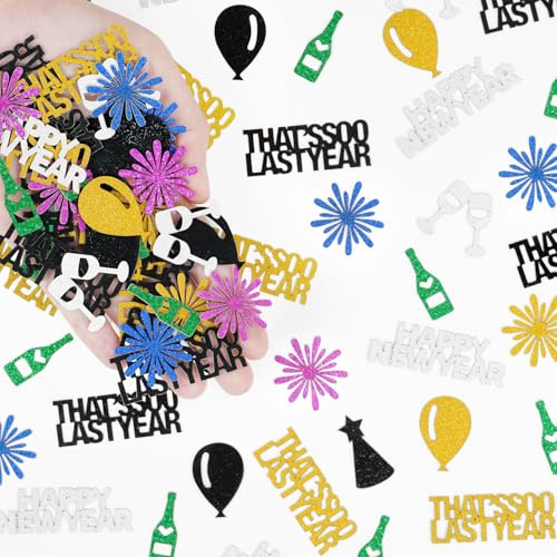 120pcs That's So Last Year Confetti, Glitter Champagne Glass, Balloon, Party Hat & Firework Shapes Table Scatter, Happy New Year Decorations 2026 New Years Eve Party Supplies