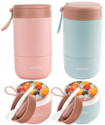 BAIFULAI Set di 2 tazze per cereali con coperchio: 730 ml, a prova di perdite, in acciaio inox, con cucchiaio e coperchio, tazza per cereali a doppio strato, perfetta per lavoro, scuola, picnic (rosa