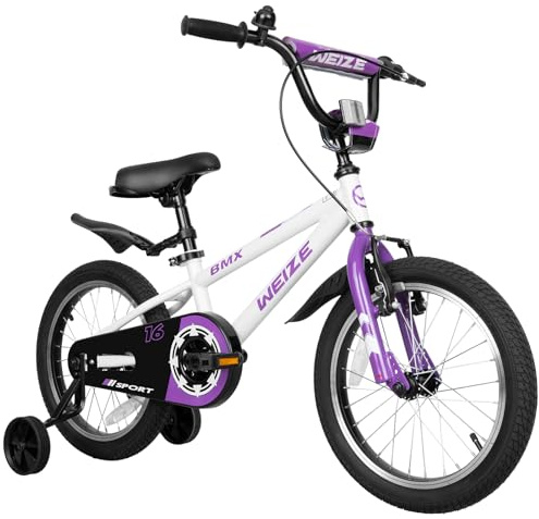 WEIZE Kids Bikes,16 Inch Boy's Bike for Kids,BMX Style Bicycle for Boys Girls Ages 4-12 Years Old,Kids Bicycle with Adjustable Seat,Training Wheels,Front and Rear Fender,White