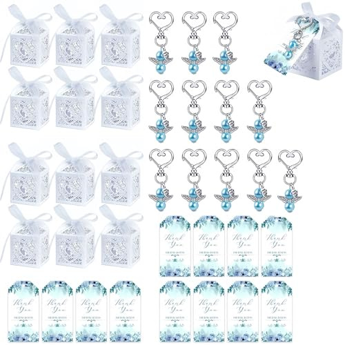 MAXMURYS Pendentif Ange Gardien avec Étiquettes – 12 Pendentifs, 12 Cartes Kraft, Boîtes de Baptême, Cadeau de Mariage et Souvenirs de Fête, Accessoires Élégants pour Vos Invités