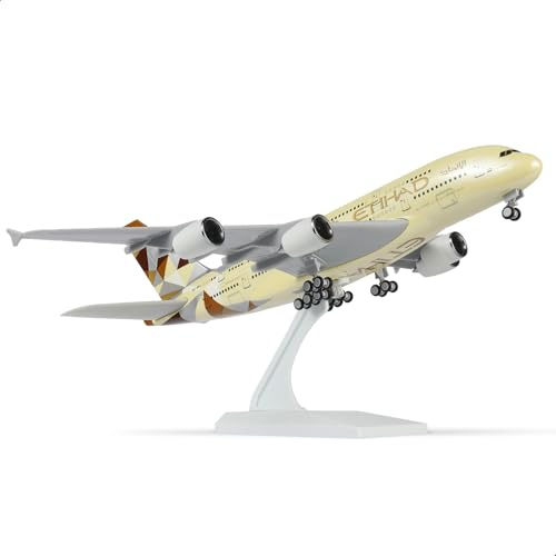 QIYUMOKE 1/400 A380 flygplansmodell gäller för Etihad A380 modellflygplan (30 cm) med utställningsstativ, kan användas som flygplanspresent eller samling