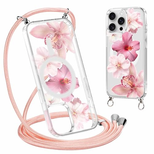 Coalbooliy Magnetica Custodia per iPhone 15 Pro Max 6,7 con Cordino, Trasparente Estivi Aesthetic Modello Fiore Rosa Disegni Cover Case Compatibile con MagSafe Collana Girocollo Femmina, 10