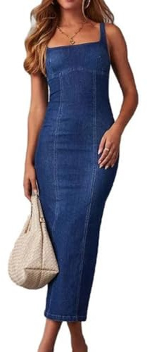 SDIUAKBV Abito in Denim Vestito Lungo in Denim Senza Maniche Estivo da Donna con Spalline Larghe, vestibilità Attillata, Elasticizzato, Indossare in Discoteca o for Feste per Le Donne(L)