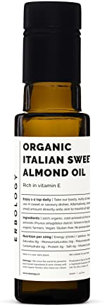 Erbology Organic Sweet Almond Oil 100ml - Cold-Pressed - Rich in Skin-Nourishing Vitamin E - Straight from Farm in Italy - Non-GMO - No Additives or Preservatives - Recyclable Glass Bottle