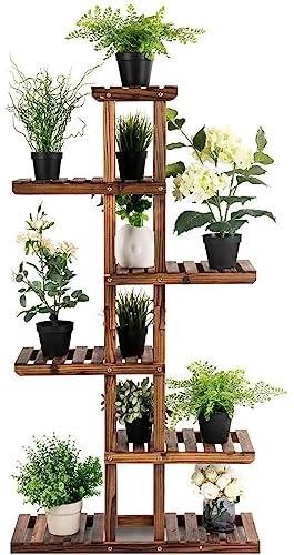 COSTWAY Pflanzenregal Holz, Blumenregal 6 Ebenen, Blumenständer mehrstöckig, Blumentreppe Blumenbank, Pflanzenständer Pflanzentreppe, Holzregal für Balkon Terrasse Garten (75x25x140 cm)