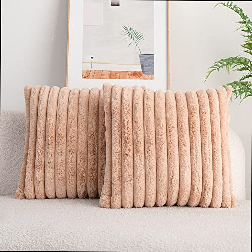 DEELAND Dekorative Kissenbezüge, beidseitig aus Kunstfell gefertigt, flauschig, gestreift, weich, für Sofa und Schlafzimmer, 2 Stück