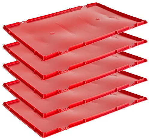 Kingpower 5x Deckel Eurobox 40 x 60 cm Rot, Stapelkiste, Fleischkiste, Metzgerkiste, Obstkiste, Lagerbox, Aufbewahrungsbox, Wanne, Lebensmittelecht, HD-PE, Wasserfest, Tragbar, Modisch, 5 Stück