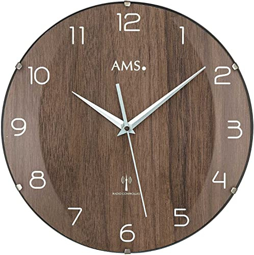AMS 5558 Wanduhr Rund aus Kunststoff mit Funkuhrwerk, 32 cm Durchmesser, Nussbaumstruktur mit Arabischen Ziffern