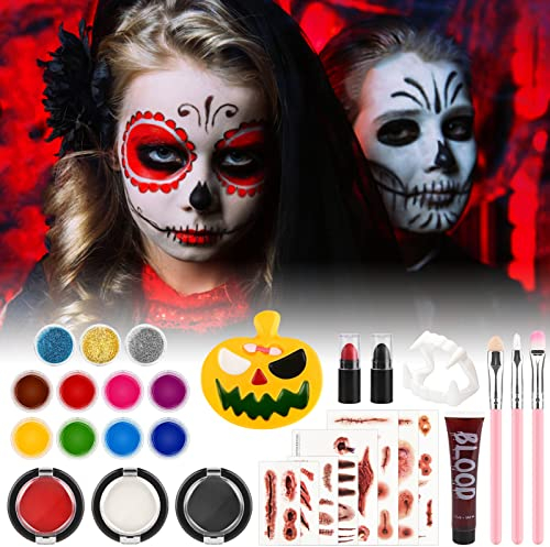 Dreamon Halloween Face Paint Kit with Face Paint Stencils Fake Realistic Blood Temporary Tattoos False Teeth and Brushes, Halloween Face Painting for Kids Adults 30 PCS