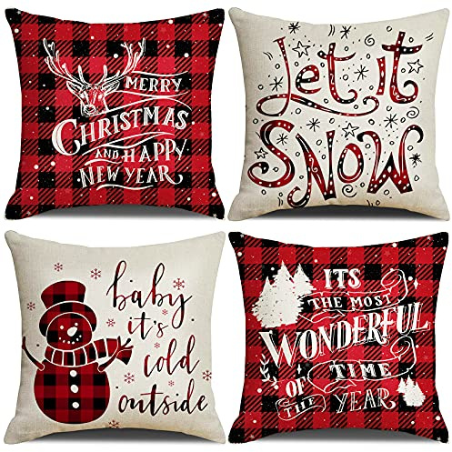 Bigqin Weihnachten Kissenbezug, 4 Stück Weihnachtskissenbezüge Sofakissen, Christmas Pillow Cover, Kissenhülle Xmas Deko für Schlafzimmer Sofa - 45 x 45 cm (Weihnachten A, 45 x 45 cm)