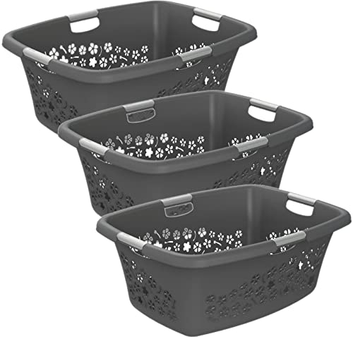 Rotho 3er-Set Wäschekorb Flowers 50l, Kunststoff (PP) BPA-frei, anthrazit, 3x50l, (65,1 x 49 x 26,2 cm)