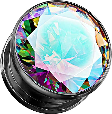 Piercingfaktor Ohr Plug Flesh Tunnel Piercing mit großen eingefassten Rainbow Zirkonia Kristall