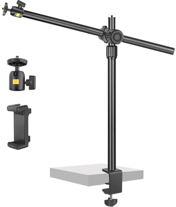 Camera Desk Mount Webcam Stand with Overhead Articulating Magic Boom Arm 1/4 Ball Head for DSLR Tripod, Adjustable Light Stand, Tabletop C Clamp for Ring Light Photo Video Shooting Live Streaming