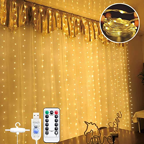 Lichtervorhang 3x3M 300LEDs, IP68 Wasserdicht Lichterkette USB - Warmweiß | Lichterketten Vorhang Dünnkabel mit Fernbedienung & Memory-Funktion, 8 Modi & Timer für Innen, Weihnachten, Hochzeit, Party