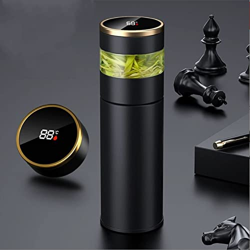 Bottiglia per infusore da tè, thermos da caffè, Smart Sports Water Bottle con display LED di temperatura, doppia parete isolata sottovuoto – Tazza da tè da viaggio con filtro in acciaio inox (nero)