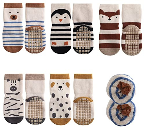 FedMois 5 paia calzini antiscivolo invernali termici in cotone bimbi bambini, pinguino, 1-3 anni