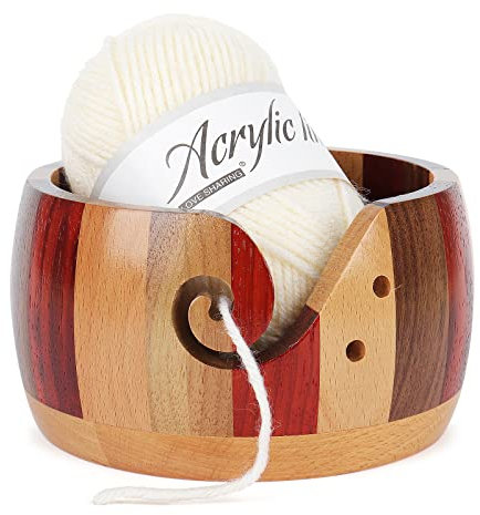 Aeelike Garnschale Holz Wollschale 15 x 8 cm, Mehrfarbig Tragbarer Garn Schüssel Holz Halter Runde mit löchern, Handgefertigte Wollschale Garnschale, für Stricken Häkeln Zubehör DIY Geschenke