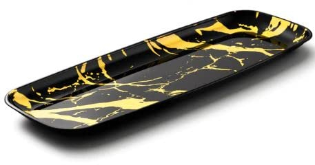 Decorline - Plateau de Service - Lot de 4 - Plats à Servir en Marbre en Plastique Réutilisable Robuste, Plateaux Traiteur de présentation/décoration pour de Fête Buffet -Ovale 16x45 cm - Noir/Or