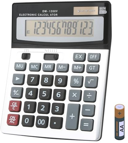 Bimormat Tischrechner, große Tasten, Solar- und Batteriebetrieb, 12-stellig, großes LCD-Display für Büro, Schule, Zuhause (UK-Batterie im Lieferumfang enthalten)