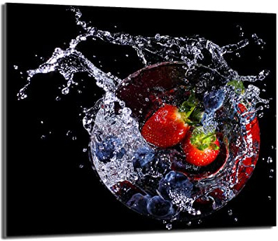 Herdabdeckplatte 60x52 Einteilig Glas Elektroherd Induktion Herdschutz Spritzschutz Glasplatte Deko Schneidebrett, Erdbeeren Schwarz