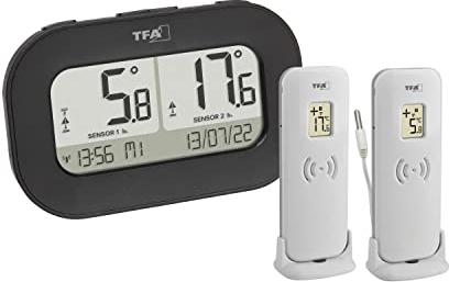TFA Dostmann Digitales Funk-Thermometer Double-Check, 30.3073.01, mit 2 Sendern (Temperatursender + wasserdichter Kabelfühler), Max.-Min.-Werte, Temperaturalarm mit Aufzeichnung, schwarz