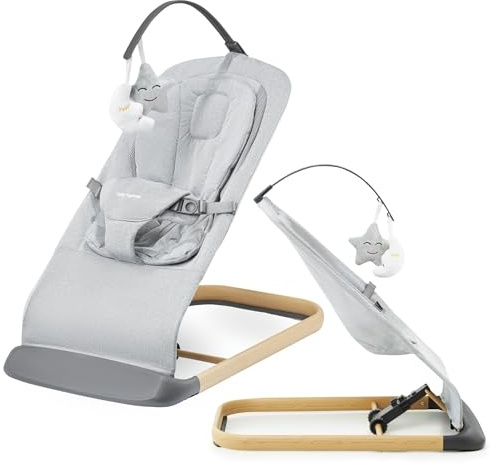 Moby-System Foldable Baby Bouncer & Rocker Chair 6 Months Plus 2 in 1 - Adjustable Baby Bouncy Chair with Removable Mattress, 3-Position Tilt - Comfortable Cradle for Rest & Play, Up to 9kg - Grey