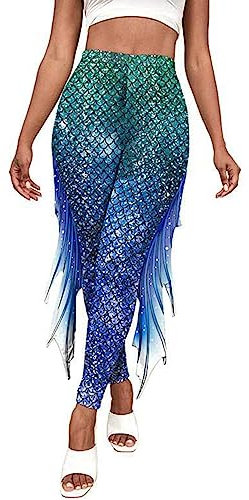dPois Damen Meerjungfrau Leggings Kostüm Sexy Fischschuppen Leggins Strumpfhose High Waist Stretch Fasching Karneval Kostüm Grünblau L