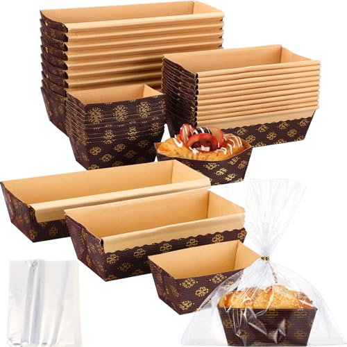 Didaey 30 moldes de papel para hornear moldes desechables de papel para hornear con 30 bolsas de pan transparentes con lazos, bolsas de pan de papel para hornear en casa, panadería, varios tamaños