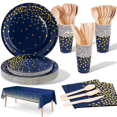 Nkaiso 141 Pcs Bleumarine Or Vaisselle Jetable Anniversaire -20 invités | Party Vaisselle Set Inclut Assiette Carton Gobelets Serviette pour Decoration Garcon Fille Mariage Baby Shower