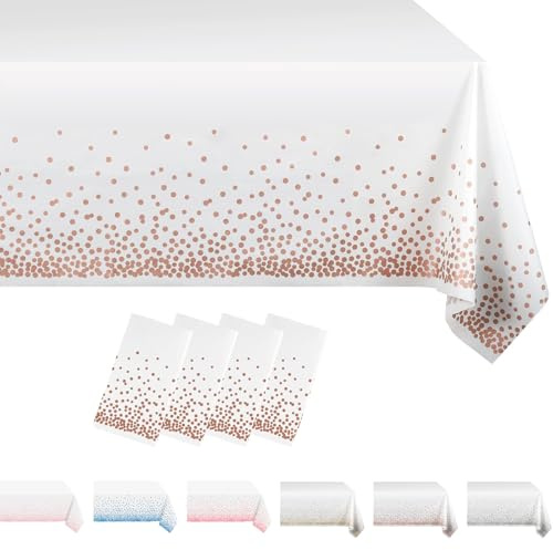 MORAINJAY 4 Stück Weiß und Roségold Rosa Party Rechteckig Tischdecke, 137x274cm Dot Confetti Wasserdicht Fleckschutz Tischdecken für Geburtstagsfeier, Hochzeit, Weihnachten, Kindergeburtstag, Cocktail