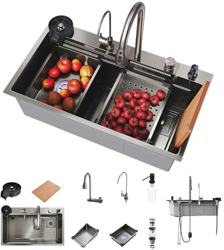 SONNI Küchenspüle, Spülbecken, Wasserfall Küche Spüle mit Ausziehbarer Wasserhahn, Tassenspüler, Seifenspender, Wasserfilterkorb, Wasserhahn Reinigen, Schneidebrett, Abflussset, Edelstahl, 80x45x23cm