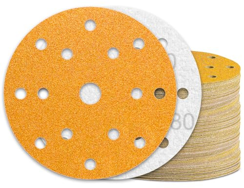 KONGMING 60 Stück Schleifpapier 150mm Klett 80 Körnung | 15 Loch Aluminiumoxid Schleifscheiben Exzenterschleifer Holz Metall Auto Polieren Entrosten