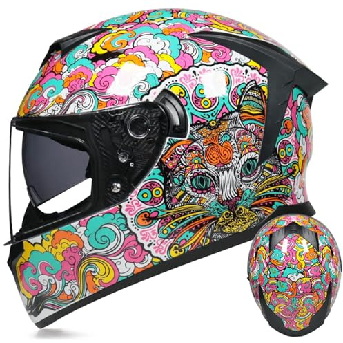 RUYICZB Integralhelm Für Motorradfahrer Mit Heckflügel Für Damen Und Herren, DOT/ECE-Zugelassener Integrierter Helm, Motorradhelm Mit Doppelvisier, Motorrad-Moped-Rennhelm,White pink,L 57~58cm