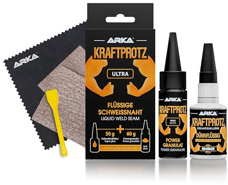 2K Bonding Set – KRAFTPROTZ Liquid Weld 110g with Superglue & White Filler Powder – water-, heat- & frost-resistant – fills cracks & gaps – for plastic, metal, wood, glass, rubber & more – repair kit