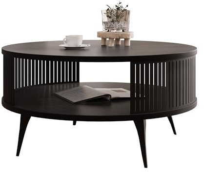 Mirjan24 Couchtisch Rajkon, runde Form (Schwarz Molet, Schwarz) | Moderner Wohnzimmertisch mit praktischer Ablage, stabilem Stahlgestell und pflegeleichter Oberfläche