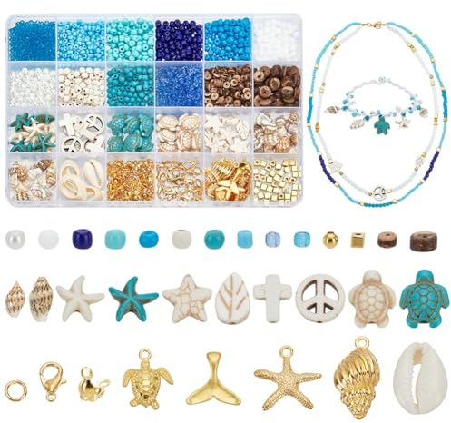 PH PandaHall 1230pcs Ozean Perlen Set für Schmuck machen, Türkis Schildkröte Seestern Perlen Muscheln Blau Glasperlen Saatgut-Perlen für Schmuckherstellung Armband Halskette Ohrring
