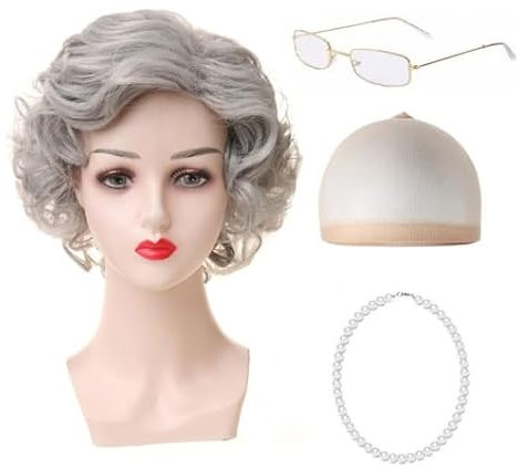 SDXCJY 4 Piece Old Lady Short Curly Grey Wig Cap Pearl Necklace Glasses with Accessories Kit,Short Curly Layered Wig for Cosplay Party Halloween Costume Wig. (Grey)