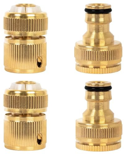 Wjelet 4 Pack 1/2 Inch and 3/4 Inch 2-in-1 Garden Hose Pipe Connector Solid Brass Garden Outside Tap Connector Female Thread Tap Quick Connector & Male Thread Fitting for Car Washing & Hose Connection